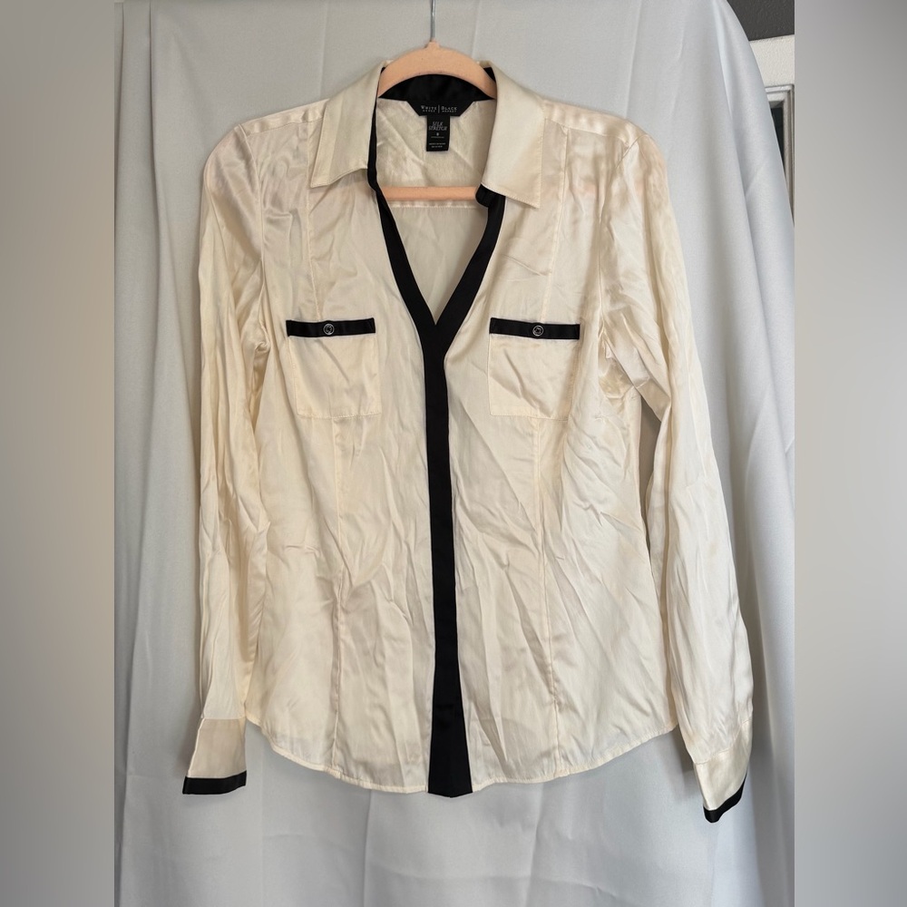 White House Black Market SILK Cream and Black Button Down Shirt